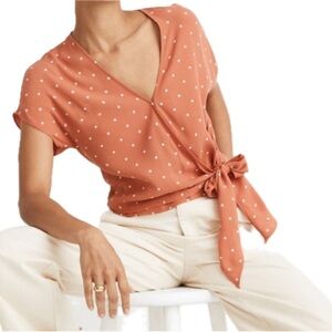 Madewell Polka Dot Wrap Top Medium Brick Red Sash Tie V-Neck EUC